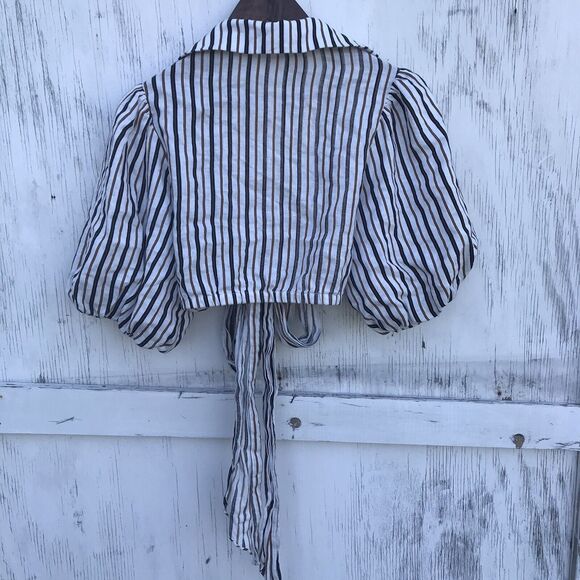 Petersyn Cellini Linen Blouse in Desert  Stripe size Xs Puff Sleeve Wrap Top - Picture 5 of 11